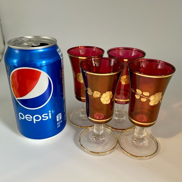 Cranberry Bohemian Czech Shot Glasses with Gold Etching. - Picture 2 of 6